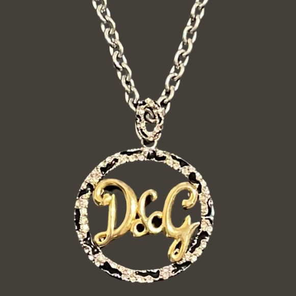 Vintage Dolce & Cabbana Two Tone Crystal Logo Circle Pendent Necklace - Picture 3 of 8